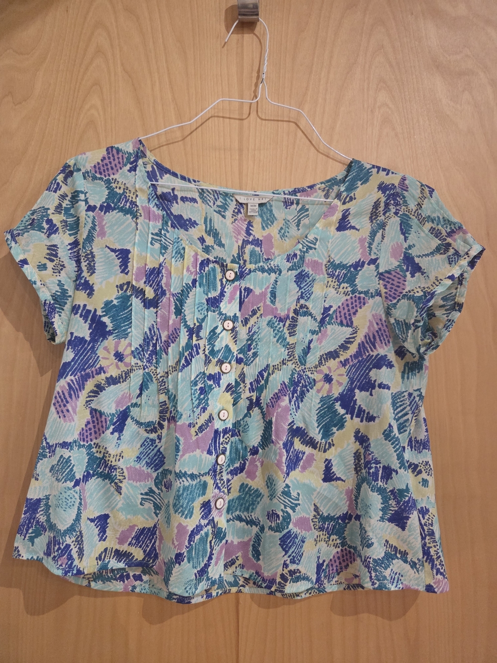 Heritage 1981 Short-Sleeve Button Front Blouse in Teal, Purple & Light Blue